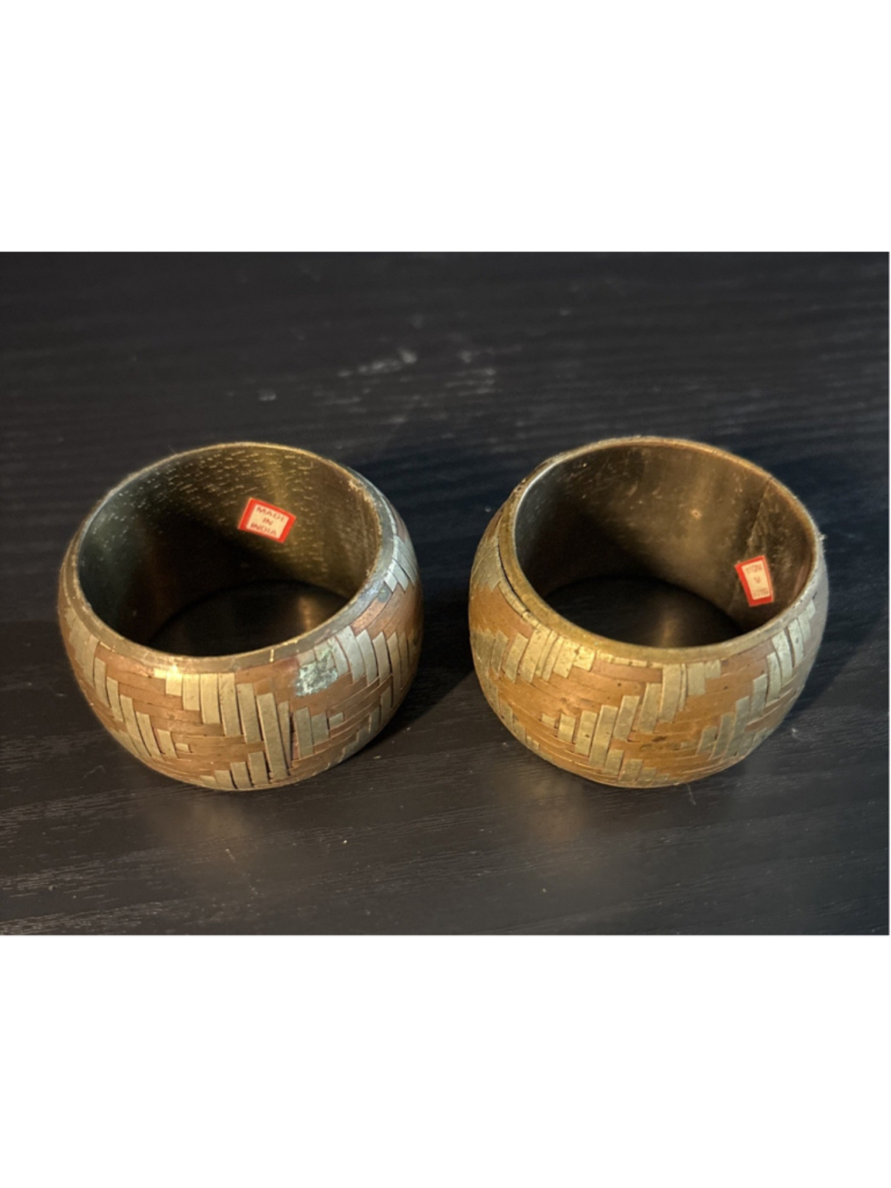 Vintage Made In India Brass Inlay Bangle Bracelets Pair 2ā Boho Hippie 1ā Wide.